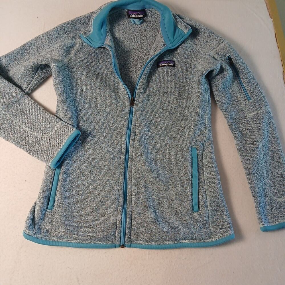 Patagonia Womens XS Blue Heather Full Zip Fleece Jacket Aqua Trim Cozy Outdoors